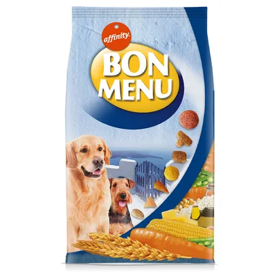 Affinity Bon Menu Trockenfutter für Hunde mit sichtbaren Zutaten wie Getreide, Karotten, Mais und Fleischstücken. Verpackungsdesign mit Hundebildern.