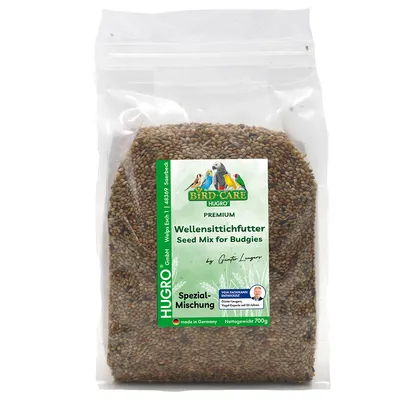 Mélange de graines pour perruches HUGRO Bird Care, sachet 700 g, texte en allemand et anglais : Seed Mix for Budgies, made in Germany, Spezial-Mischung.