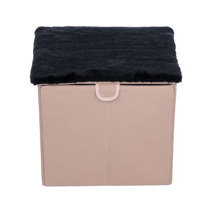 Beżowe pudełko do przechowywania z czarną, miękką pokrywą. Prostokątny kształt i widoczny uchwyt z przodu.