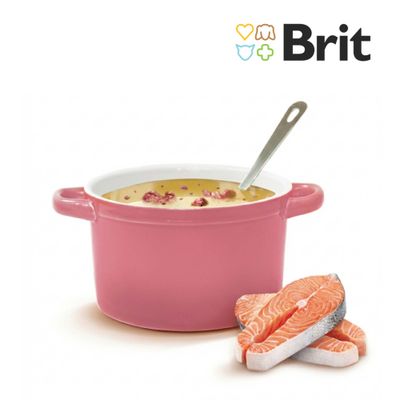Brit Care Soup mit Lachs, geeignet für sterilisierte erwachsene Katzen. Enthält Catnip, Probiotika und Taurin. Ohne Gentechnik, Soja und Zucker. Packungsgrösse: 75g.