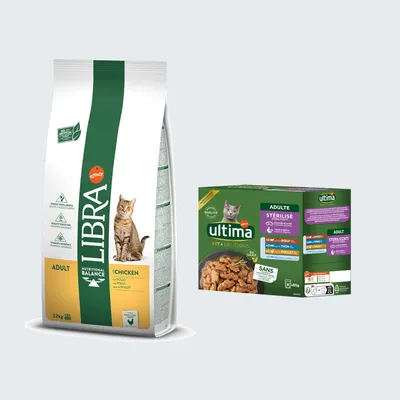 Libra Adult Kurczak karma sucha 12 kg oraz Ultima Fit & Delicious Sterilised karma mokra dla kotów, mixpakiet z wołowiną, tuńczykiem, kurczakiem, widoczne opakowania produktów. Libra Adult Kurczak karma sucha 12 kg oraz Ultima Fit & Delicious Sterilised karma mokra dla kotów, mixpakiet z wołowiną, tuńczykiem, kurczakiem, widoczne opakowania produktów.