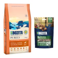 Bozita Dog Purely Grain Free + 2 x 70 g Meaty Bites mit Elch & Ente gratis! - 7,5 kg Adult Small Lachs & Rind