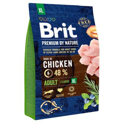 Brit Premium by Nature hondenvoer, XL, kip 48%, voor volwassen honden van extra grote rassen 45–90 kg, GMO free, Adult Large XL, zichtbaar stukjes kip en kruiden op verpakking.