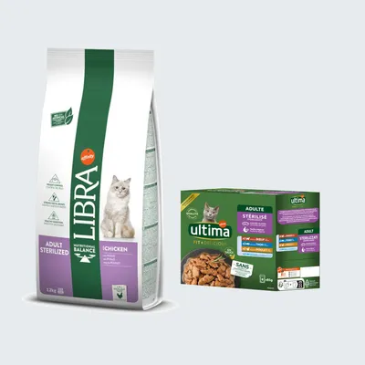 Affinity Libra 12 kg pienso + Ultima Sterilised 8 x 85 g sobres ¡gratis! - Adult Sterilized con pollo (12 kg) + Ultima Sterilised Mix II (8 x 85 g) Affinity Libra 12 kg pienso + Ultima Sterilised 8 x 85 g sobres ¡gratis! - Adult Sterilized con pollo (12 kg) + Ultima Sterilised Mix II (8 x 85 g)