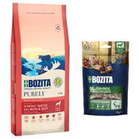 Bozita Dog Purely Grain Free + 2 x 70 g Meaty Bites mit Elch & Ente gratis! - 11 kg Adult Large Lachs & Rind