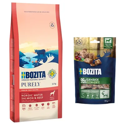 Bozita 11kg / 7,5kg + BOZITA Meaty Bites  se sobem a kachnou 2 x 70g  - Grain Free Salmon & Beef Large 11 kg