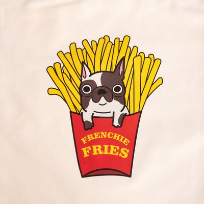Illustration of a dog in a red chips packet with yellow text 'Frenchie Fries'.