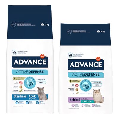Sac de 10 kg Advance Active Defense Sensitive Care Sterilized pour chat, avec saumon, prébiotiques, fibres, bien-être digestif, soin peau et pelage, contrôle du poids, image d’un chat.