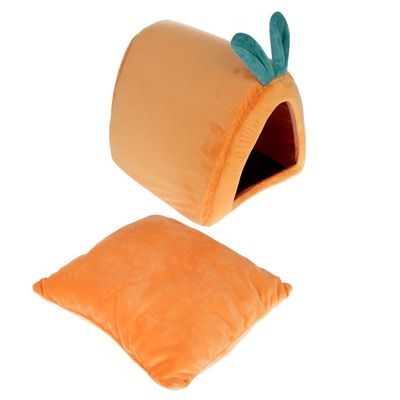 Orangefarbenes Haustierhaus mit grünem Blattdesign und passendem Kissen. Hausöffnung vorne sichtbar.