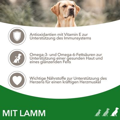 Antioxidantien mit Vitamin E für Immunsystem, Omega-3 und -6-Fettsäuren für Haut und Fell, Nährstoffe für Herzgesundheit. Mit Lamm.