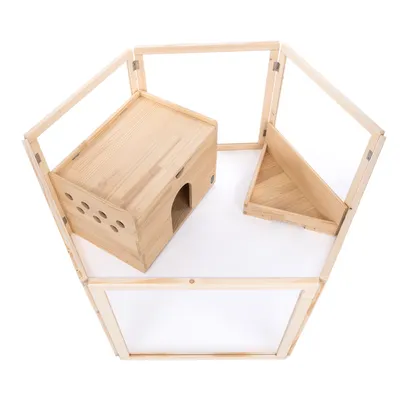Houten ren met plexiglazen wanden, geïntegreerd huisje met ventilatiegaten en ingang, en een driehoekig platform.