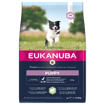 Eukanuba premium dry food for puppies aged 1-12 months, small and medium breeds under 25kg, rich in lamb and rice with a hint of turmeric. Pack size 2.5kg.