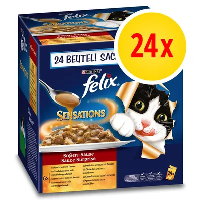 Purina Felix Sensations Soßen-Sauce Surprise, 24x portiezakjes. Smaken: rund in tomatensaus, kalkoen, ham, eend met wortel, lam, wild. Kattenvoer in saus. Purina Felix Sensations Soßen-Sauce Surprise, 24x portiezakjes. Smaken: rund in tomatensaus, kalkoen, ham, eend met wortel, lam, wild. Kattenvoer in saus.