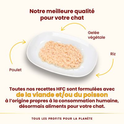 Assiette avec mélange de poulet, gelée végétale et riz. Texte : Notre meilleure qualité pour votre chat. Toutes nos recettes HFC sont formulées avec de la viande et/ou du poisson.