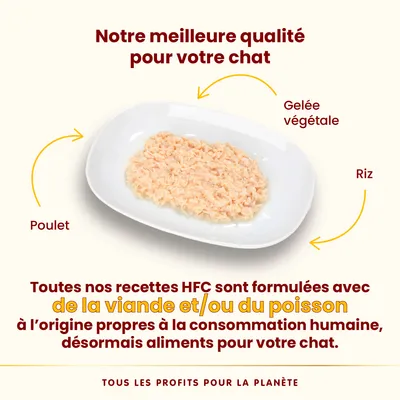 Assiette avec mélange de poulet, gelée végétale et riz. Texte : Notre meilleure qualité pour votre chat. Toutes nos recettes HFC sont formulées avec de la viande et/ou du poisson.