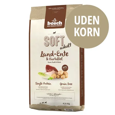 bosch HIGH PREMIUM CONCEPT SOFT adult Land-Ente & Kartoffel, Single Protein, Grain Free, UDEN KORN, 12,5 kg. Synligt billede af kartofler og andekød på emballagen.