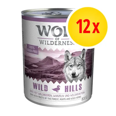 Wolf of Wilderness Wild Hills konzerva 800 g, 100% grain-free, 12x. Text: Duck with fruits of the forest, roots and wild herbs.