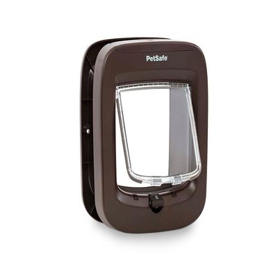 PetSafe valkoinen kissanluukku, jossa on läpinäkyvä ovi ja lukitusmekanismi.