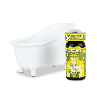Max & Molly Bark'n Bath Shampoo, alles-in-één met citroengras en kamille, afgebeeld naast een witte mini-badkuip met schuim.
