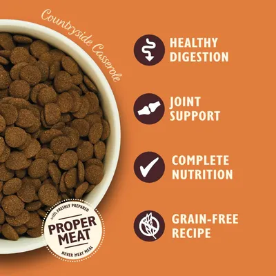 Kibble in a bowl with text: healthy digestion, joint support, complete nutrition, grain-free recipe, and freshly prepared proper meat, never meat meal.
