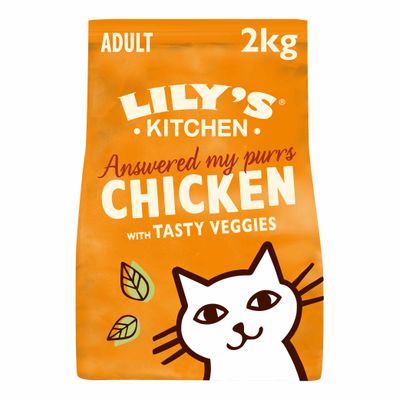 LILY'S KITCHEN ADULT 2kg, Answered my purrs CHICKEN with TASTY VEGGIES, afbeelding van kat en bladeren op de verpakking zichtbaar.