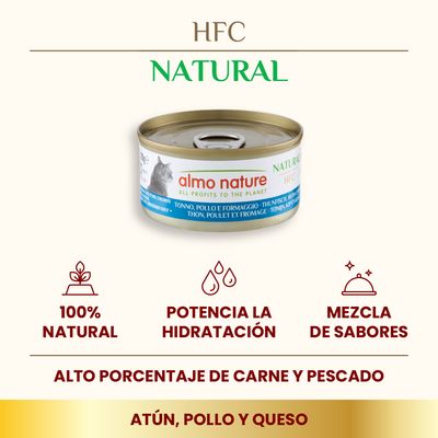 Almo Nature Natural HFC atún, pollo y queso. Lata de 70g. Todos los beneficios se destinan al planeta.