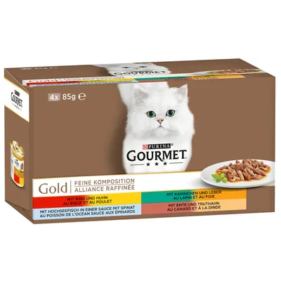 Упаковка корма для кошек Purina Gourmet Gold, 4×85 г. Видны надписи: Feine Komposition, Alliance Raffinée, варианты вкусов на немецком и французском языках.