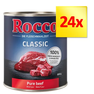 Rocco Classic Pure beef, 800 g, 24x. 100% fresh ingredients & grain-free. Opakowanie z kawałkami wołowiny i napisem „Pure beef”.
