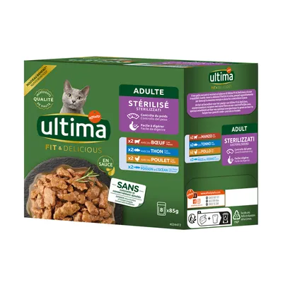 Ultima Fit & Delicious per gatti adulti sterilizzati, 8x85g. Gusti: manzo, tonno, pollo, pesce. Senza coloranti né conservanti. Facile da digerire, controllo del peso.