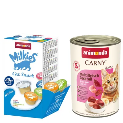 animonda kombi csomag: 12 x 400 g Carny Adult + 20 x 15 g Milkies snack - Multihús-koktél