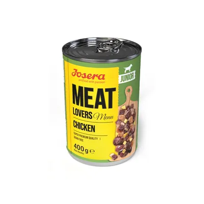 Josera Meat Lovers Menu Chicken Junior, super premium quality, grain free, 400 g. Boîte de nourriture pour chien avec morceaux visibles sur l’étiquette.