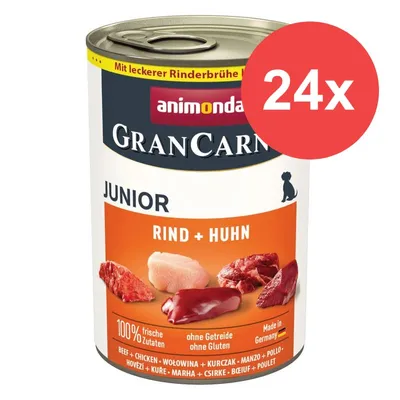 Konzerva animonda GranCarno Junior Rind + Huhn, 24x. Text: 100% frische Zutaten, ohne Getreide ohne Gluten, Made in Germany. Vyobrazené kusy masa a nápisy v několika jazycích.