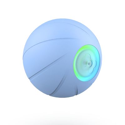 Blauer Ball mit spiralförmigem Design und leuchtendem grünen LED-Kreis auf einer Seite.