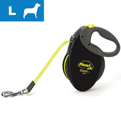 Flexi Giant L 8 m rulleline til hund, sort og gul med synlig tekst: flexi Giant L 8m. Blå felt med hvidt L og hundesilhuet øverst til venstre. Flexi Giant L 8 m rulleline til hund, sort og gul med synlig tekst: flexi Giant L 8m. Blå felt med hvidt L og hundesilhuet øverst til venstre.