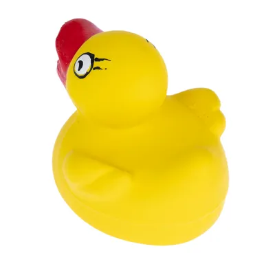 Giocattolo giallo con squeak a forma di anatra con becco rosso.
