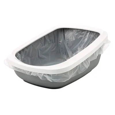 Grå kattebakke med hvid kant og indlagt gennemsigtig affaldspose.