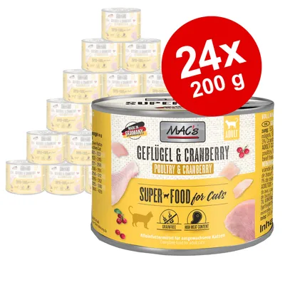 MAC's Geflügel & Cranberry Superfood for Cats täysravinto aikuisille kissoille, 24 x 200 g. Viljaton, korkea lihapitoisuus. Made in Germany. Kanansiipi ja karpalo näkyvissä etiketissä.