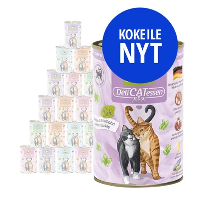 DeliCATessen kissan märkäruokapurkki, makuna lammas & kalkkuna. Purkin etiketissä kaksi kissaa ja teksti 'KOKEILE NYT' sinisellä ympyrällä.