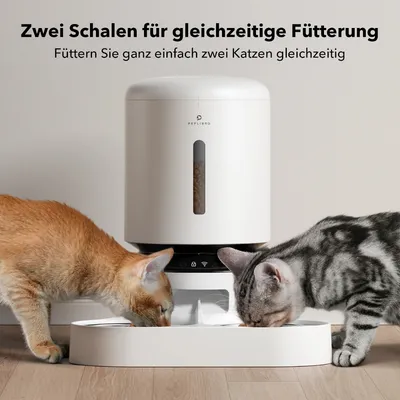 Distributeur automatique PETLIBRO avec deux bols, deux chats mangeant. Texte en allemand : Zwei Schalen für gleichzeitige Fütterung. Füttern Sie ganz einfach zwei Katzen gleichzeitig.