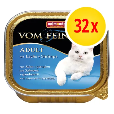 animonda Vom Feinsten Adult met zalm en garnalen, 32 stuks. Tekst op verpakking in meerdere talen: mit Lachs + Shrimps, met Zalm + garnalen, con Salmone + gamberetti, avec saumon + crevettes.