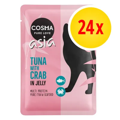 Cosma Asia Tuna with Crab in Jelly, multi protein pure fish and seafood, pack of 24 shown on packaging. Cosma Asia Tuna with Crab in Jelly, multi protein pure fish and seafood, pack of 24 shown on packaging.