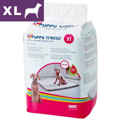 SAVIC Puppy Trainer XL -kokoiset, erittäin imukykyiset harjoitusalustat koirille, 90 x 60 cm, 30 kpl. Pakkauksessa kuva koiranpennusta alustalla. Teksti: dry! super absorbent.