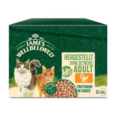James Wellbeloved kattenvoer, HERGESTELLT OHNE GETREIDE ADULT, Truthahn in Sauce, hypoallergeen, 12 x 85g. Tekst deels in het Duits.
