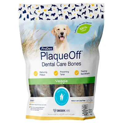 ProDen PlaqueOff Dental Care Bones Veggie voor middelgrote en grote honden. Vermindert tandplak, voorkomt tandsteen, behandelt slechte adem. 100% natuurlijk. Inhoud: 482g, 13 stuks.