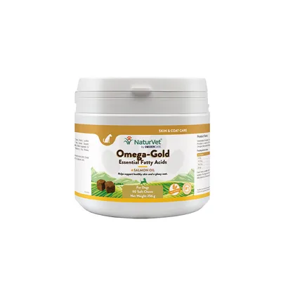 NaturVet Omega-Gold Essential Fatty Acids com óleo de salmão. Para cães, 90 soft chews, peso líquido 256g. Apoia pele saudável e pelo brilhante.