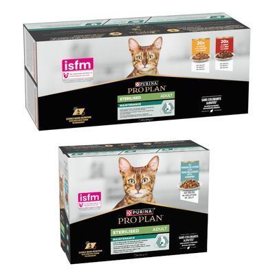 Purina Pro Plan Sterilised Adult Maintenance karma dla kotów, certyfikat ISFM, bez dodatku barwników, 40x85g w sosie z kurczakiem i wołowiną.