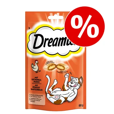 Dreamies cu pui delicios, exterior crocant și interior cremos. Vitamine și minerale, doar 2 kcal pe bucată. Ambalaj: 60 g. Semn roșu de procent pentru reducere.