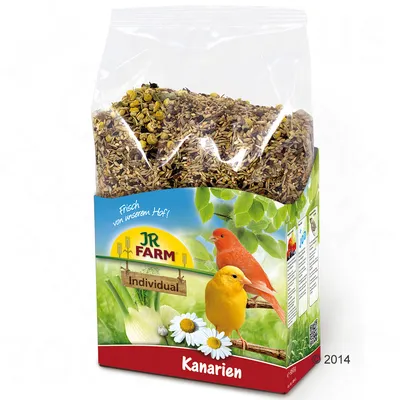 Sac de graines JR Farm Individual Kanarien, emballage avec deux canaris illustrés et texte visible : 'Frisch von unserem Hof!', 1 kg.