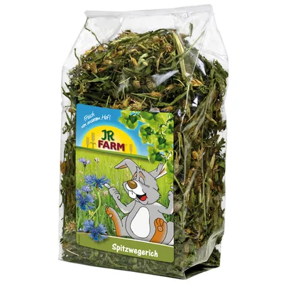 Sachet transparent de feuilles séchées avec étiquette JR Farm, illustration de lapin et fleurs, texte visible : Spitzwegerich, Frisch vom unserem Hof!