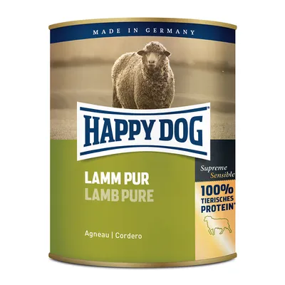 Консерва Happy Dog Lamm Pur Lamb Pure, надписи: MADE IN GERMANY, Supreme Sensible, 100% tierisches Protein, Agneau, Cordero. Изображение овцы на фоне.
